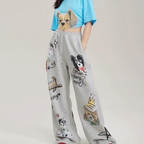 Women's Cartoon Print Wide Leg Pants | Y2K Baggy High Waist Trousers for Girls