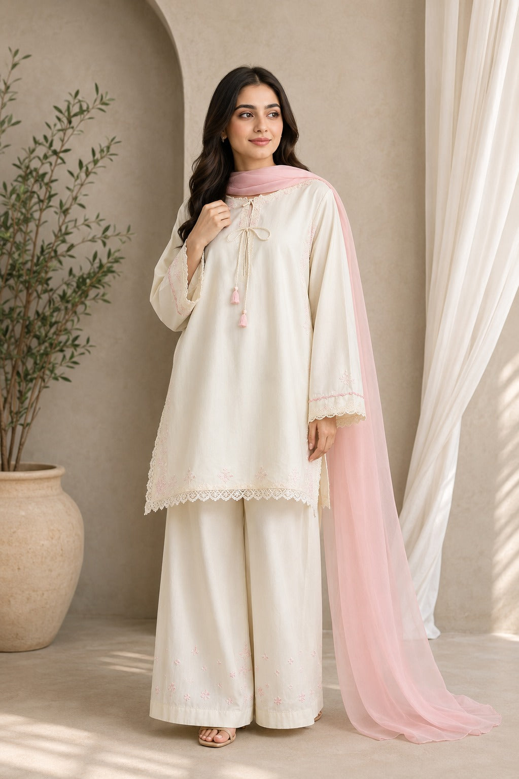 Pearl 3 Piece Embroidered Lawn Suit | Off White Suit with Chiffon Dupatta