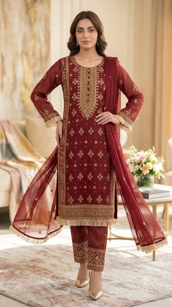Raim Collection Maroon Embroidered 3-Piece Suit - Premium Chiffon with Zari Work