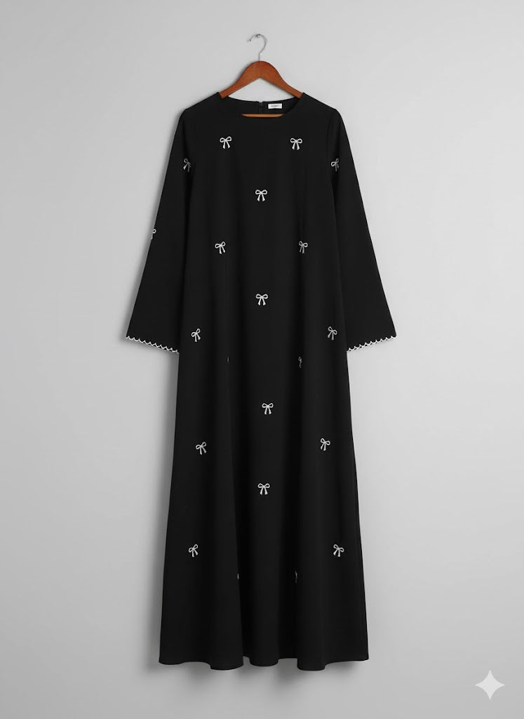 Black Bow Embroidered Abaya with stoller